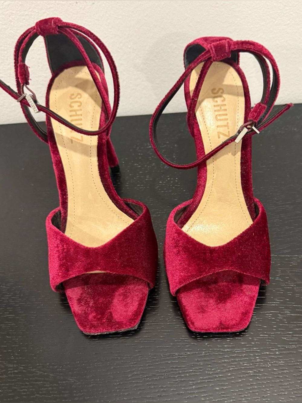 SCHUTZ Velvet Open-Toe Ankle-Strap Heels in Burgundy